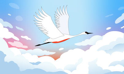 Very beautiful blue sky with clouds. In the sky a crane flies. Bird flies. Vector graphic.