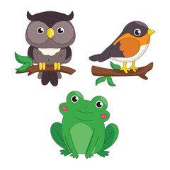Set of cute cartoon animals. Owl, bird on branch and frog. Vector graphics.