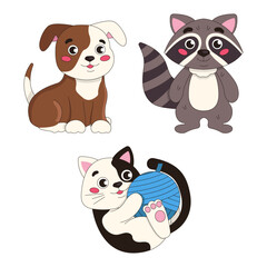Set of cute cartoon animals. Puppy, raccoon and cat with a ball of yarn. Vector graphics.