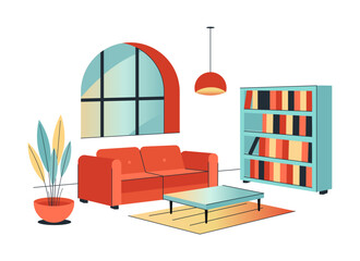 Room interior. Living room. Sofa, bookcase, coffee table, bedside table, window, carpet, room flower and lamp. Vector graphics.