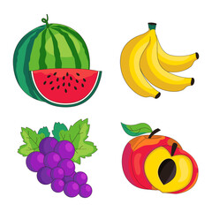 Set of cartoon fruits and berries. Watermelon, bunch of bananas, bunch of grapes and peach. Vector graphics.
