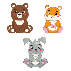 Set of cute cartoon animals. Bear, hamster and bunny. Vector graphics.