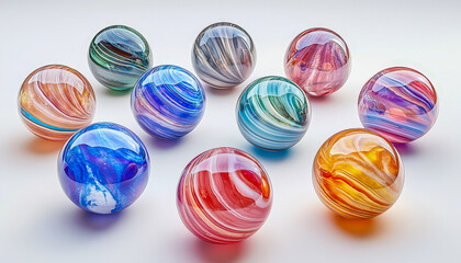Fototapeta premium Collection of colorful marbled glass spheres on white background