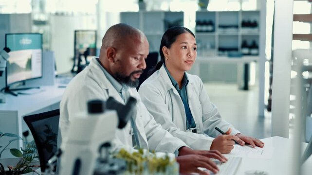Computer, science and writing with people in laboratory together for medical development or research. Healthcare, innovation or training with biology scientist and student at work on clinical trial