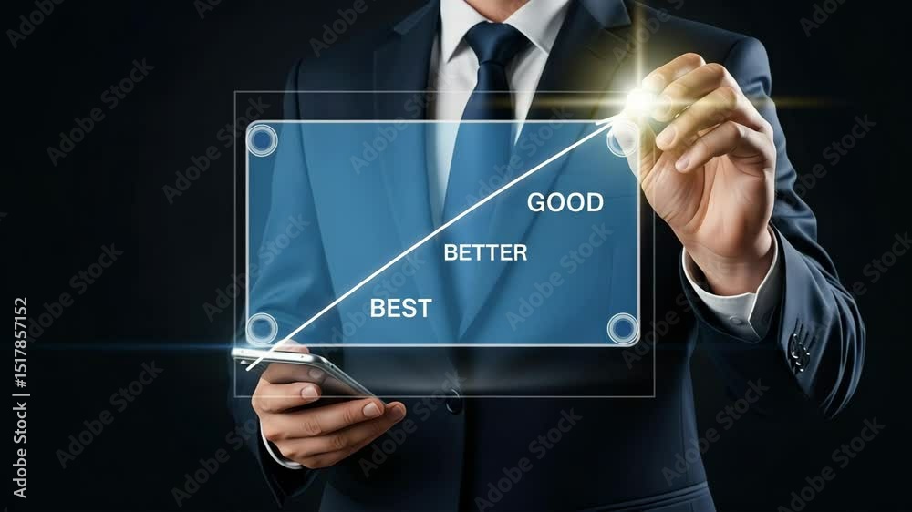 Poster Man in suit drawing good better best chart on transparent screen with a stylus and holding phone