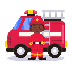 Dark-skinned male firefighter in work uniform stands at the fire engine. Vector graphics.