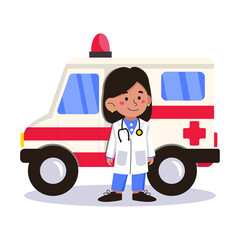 Light-skinned woman doctor in work uniform stands at the ambulance. Vector graphics.