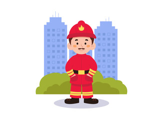Light male firefighter in working uniform. Against the background of the city. Vector graphics.