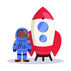 Dark-skinned male astronaut in a space suit is standing next to the rocket. Vector graphics.