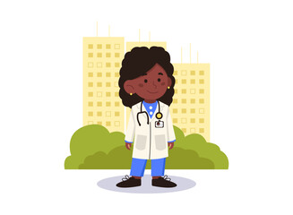 Black woman doctor in work uniform. Against the background of the city.  Vector graphics.