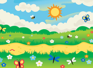 Beautiful summer weather. Meadow with flowers and herbs. In the sky bright sun. Many different insects: butterflies, bees, dragonflies, caterpillars. Vector graphics.