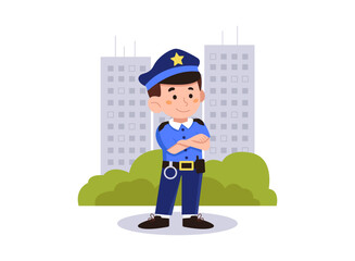 Light-skinned male policeman in work uniform. Against the background of the city. Vector graphics.