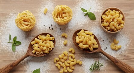 Fototapeta premium Assorted Raw Pasta Types on Wooden Surface with Herbs