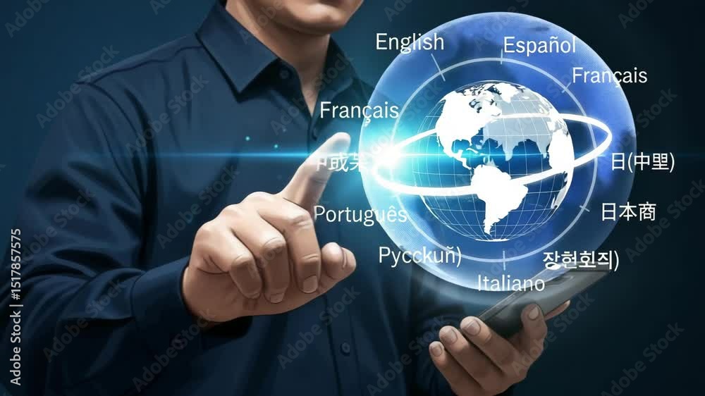 Poster Person interacting with a digital globe displaying multiple languages on a dark blue background