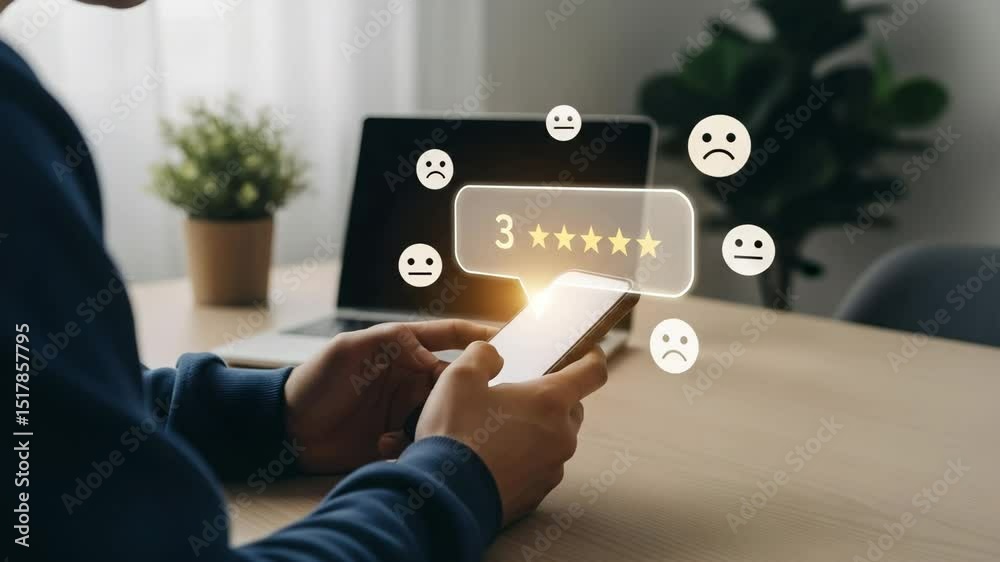 Poster person using smartphone with three star rating overlay and laptop in background on a wooden desk