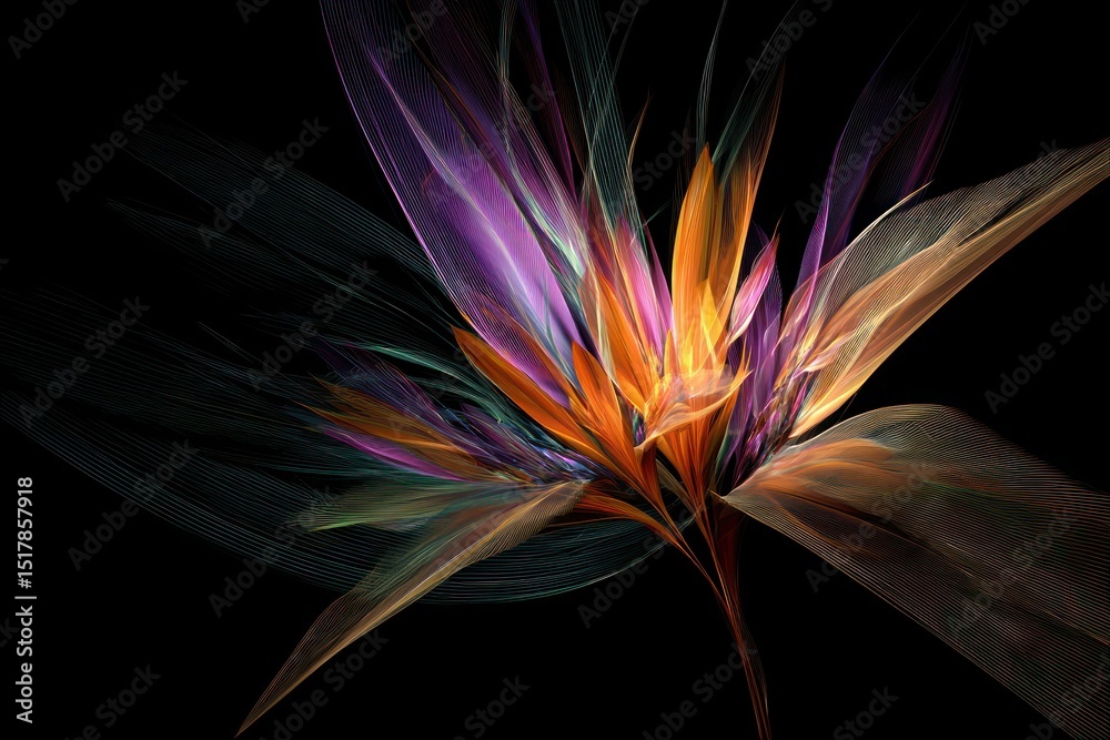 Poster exotic multicolored flora visualized with abstract design against a dark background using advanced t