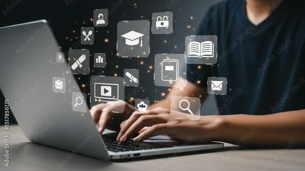 Aufkleber person typing on a laptop with digital education icons floating above the computer screen view
