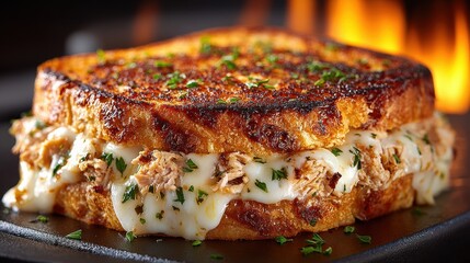 Delicious Tuna Melt Sandwich with Melted Cheese and Parsley Garnish on Grilled Bread, Served on Dark Plate with Fire Background