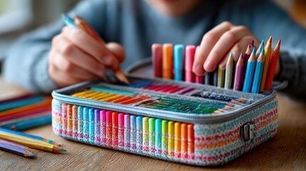 Child Drawing with Colorful Pencils: Close-Up of Art Supplies, Creative Expression, and Childhood Education on Wooden Desk