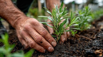 Close-up of Gardener's Hands Planting a Young Rosemary Plant in Rich Soil, Gardening and Sustainable Living Concept