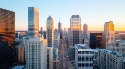 Obraz premium Stunning Urban Cityscape at Sunset with Skyscrapers and Vibrant Skyline in a Modern Metropolis