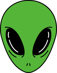 A green alien head with black eyes