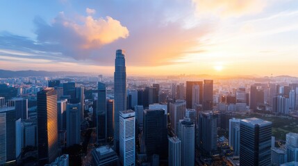 Stunning Aerial View of a Modern City Skyline at Sunset with Skyscrapers and Dramatic Clouds in the Background
