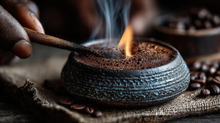 Close-up of African Coffee Ceremony: Brewing Hot Coffee in Traditional Clay Pot with Hand Stirring, Steaming, and Roasted Coffee Beans