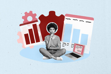 Trend artwork sketch design montage 3D collage of minded young lady sit down laptop website page...