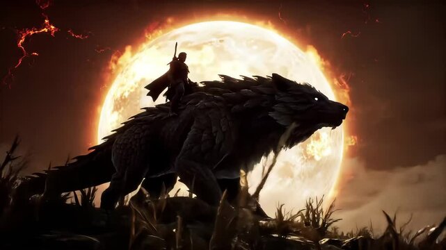 Warrior Riding a Wolf-like Creature Under a Fiery Moon