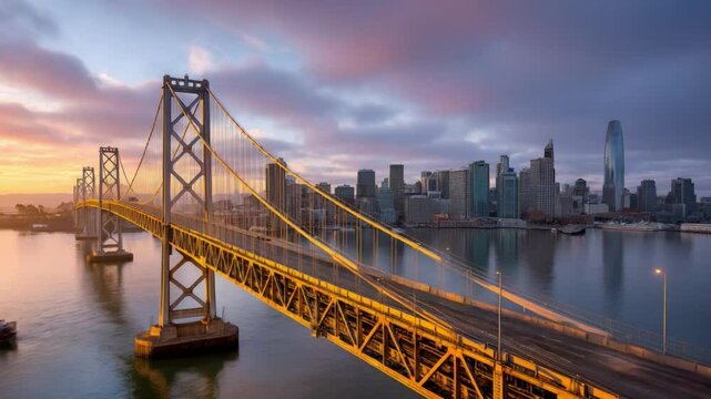 Iconic Bridge at Dawn: A majestic suspension bridge stretches across the calm waters, silhouetted against the soft hues of a predawn sky. The city skyline rises in the distance.