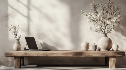 Zen-inspired minimalist workspace with a laptop and natural pottery on a wooden platform.