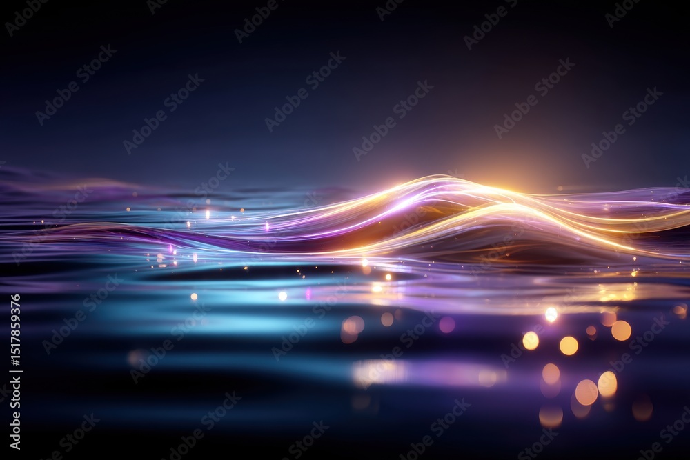 Poster Captivating abstract background with glowing wave-like patterns in blue and gold hues, creating a sense of depth and motion with soft bokeh effects.