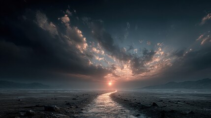 Dramatic Sunset Over Arid Landscape with Winding Stream and Ominous Clouds, Evoking Serenity and Isolation
