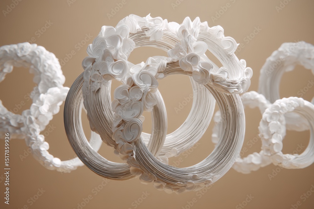 Poster A captivating close-up showcases interconnected abstract rings with intricate patterns, set against a soft background, creating a surreal and visually striking composition.