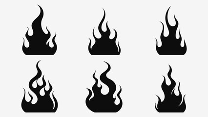 Flame silhouettes in classic style. Set of black vector fire silhouettes on white background