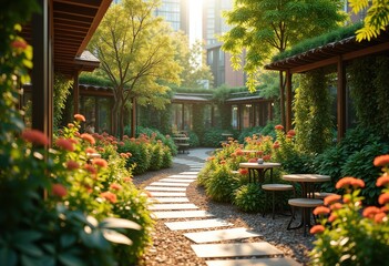 Obraz premium sustainable urban garden lush native plants greenery urban agriculture eco friendly environment, landscape, horticulture, biodiversity, vegetation, flora