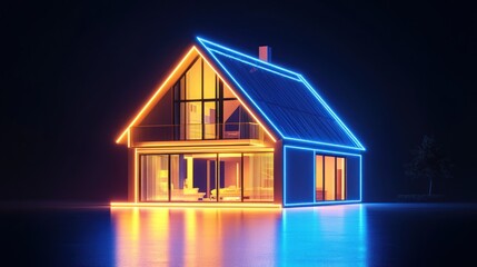Neon-lit modern house, glowing in blue and orange