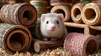 Adorable Silver Ferret Portrait Surrounded by Play Tunnels and Food Pellets in a Cozy Indoor Habitat Setting