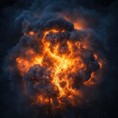 Fire and smoke cloud forming a dynamic explosion on a dark background.