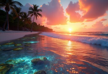 tropical beach vibrant tide pool reflections colorful sunset serenity coastal beauty, sea, key, shore, water, sky, sand, cloud, rock, flora, fauna, island