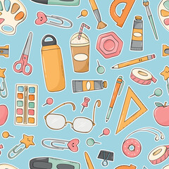 School doodles seamless pattern on blue background for stationery, wallpaper, backgrounds, prints, scrapbooking, covers, wrapping paper, etc. EPS 10