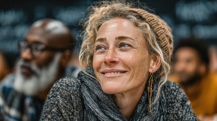 Thoughtful Woman with Freckles and Beanie Attending Event, Looking Upward with Diverse Audience in Background, Candid Portrait