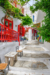 Narrow street in Chora village on the island of Amorgos. Cyclades, Greece