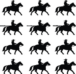 Silhouette pattern featuring cowboys on horseback with and without rifles in a repeating arrangement