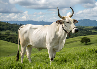 White Brahman Cow in Lush Mountain Pasture