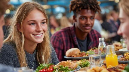 Diverse Group of Young People Enjoying Lunch Together in a Bright Restaurant, Eating Healthy Food and Socializing, Friendship and Togetherness.