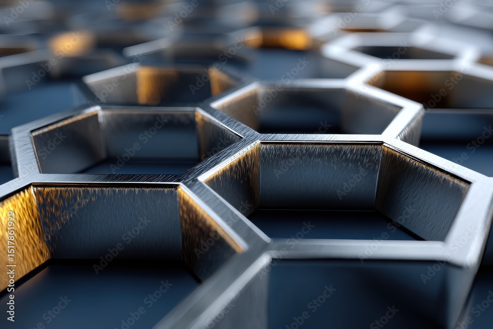 Poster a close-up shot showcasing an intricate metallic hexagonal pattern, highlighting its dimensional str