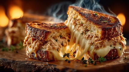 Delicious Pulled Pork Grilled Cheese Sandwich with Melted Cheese and Herbs on Rustic Wooden Board, Warm Background