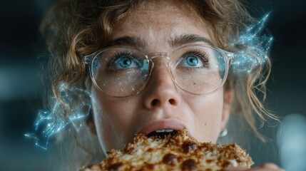 Woman with Glasses Eating Pizza with Digital Data Overlay, Futuristic Technology and Food Concept, Artificial Intelligence, and Augmented Reality